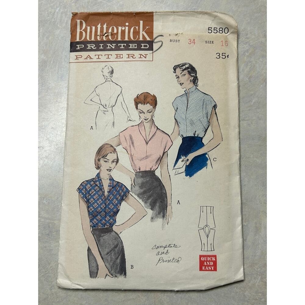 Vintage 1950's Butterick Quick Easy Pattern #5580 Womens Blouses Size 16 Bust 34